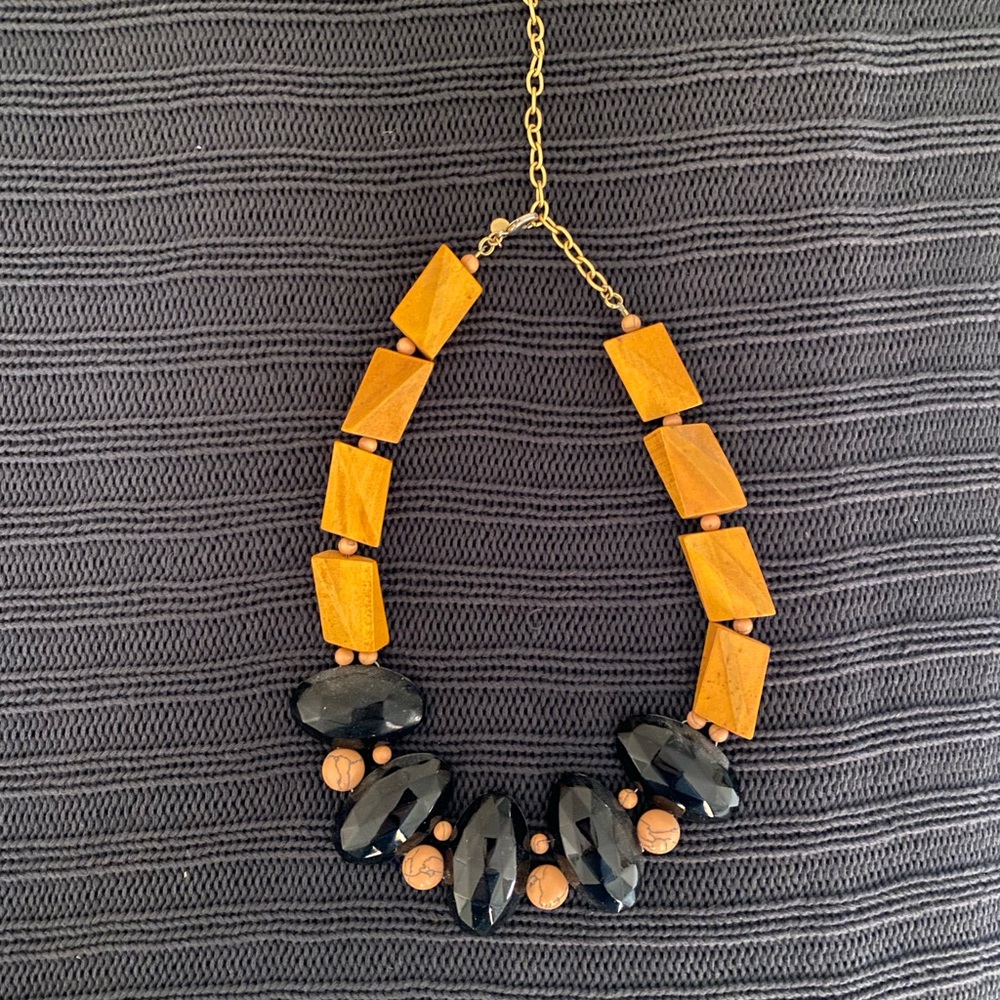 Chunky Black, Coral, Wood Necklace